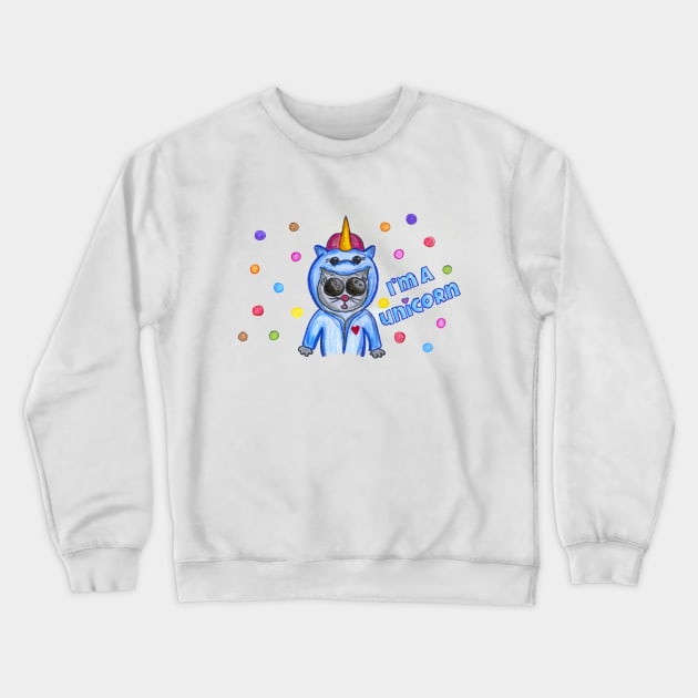 Funny blue unicorn cat print Crewneck Sweatshirt by BalumbaArt